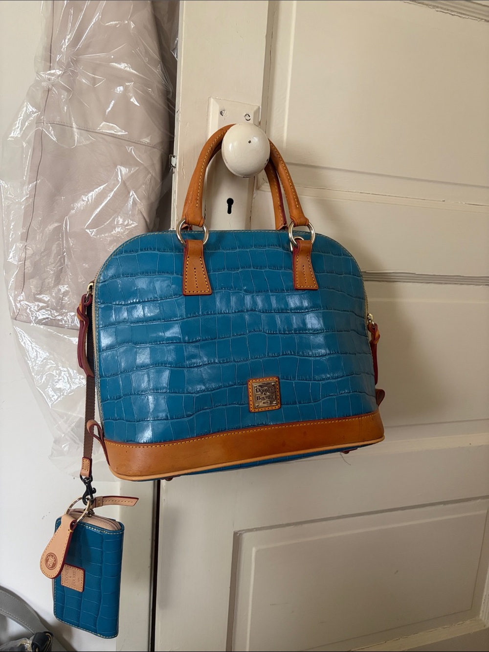 Dooney & Bourke Teal Croc-Embossed Satchel with Tan Trim